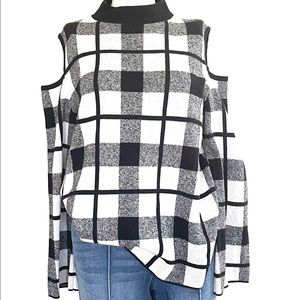 Plaid Cold Shoulder Black White Knit Sweater